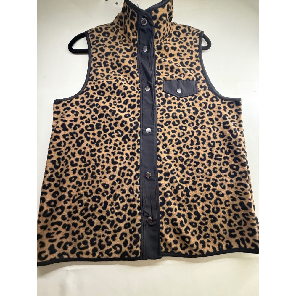 C&C California Womens Leopard Print Fleece Vest Snap Front Brown Black Large